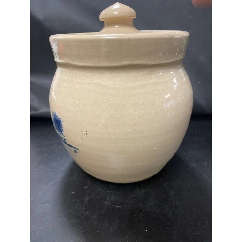 Vintage Paul Storie‎ Pottery Crock w/Lid - Marshall TX-Blue Barn